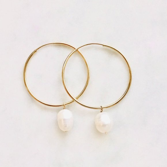 14K gold-filled hoops with large pearl - Picture 1 of 2